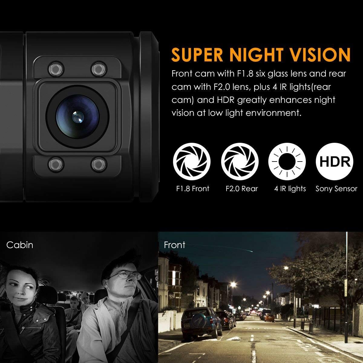 Dual Dash Cam, Dash Cam 2K Front and 1080P Cabin Dash Camera, 2.5K  2560x1440P@60fps Single Front, Dual Sensor, Infrared Night Vision, App  Control